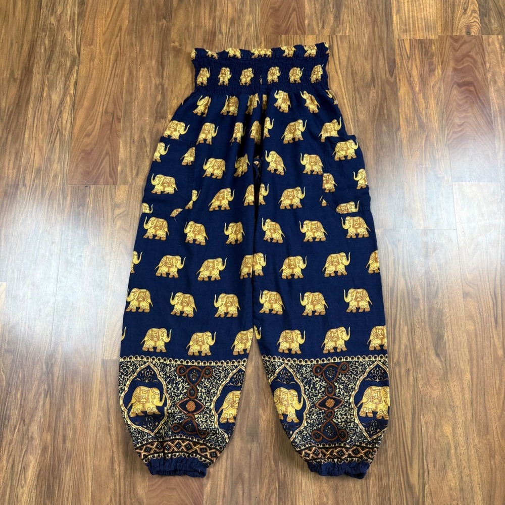 The Elephant Pants Navy Blue Gold Elephant Print Harem Boho Yoga Pants Large
